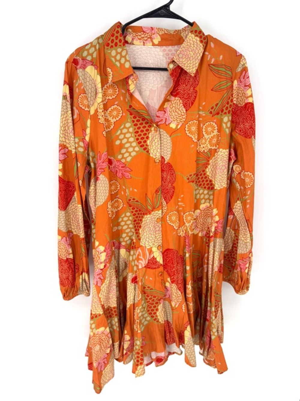 Anthropologie style made in India 100% cotton Orange Floral Button-Up Tunic med